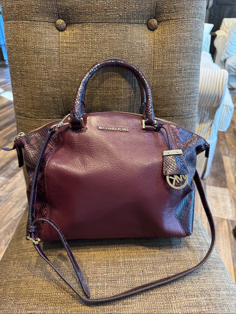 Michael Michael Kors burgundy snakeskin print crossbody shoulder bag purse